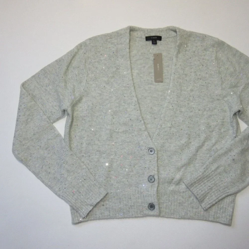 NWT J.Crew V-neck Sparkle Cardigan in Heather Dusk Supersoft Yarn Sweater L